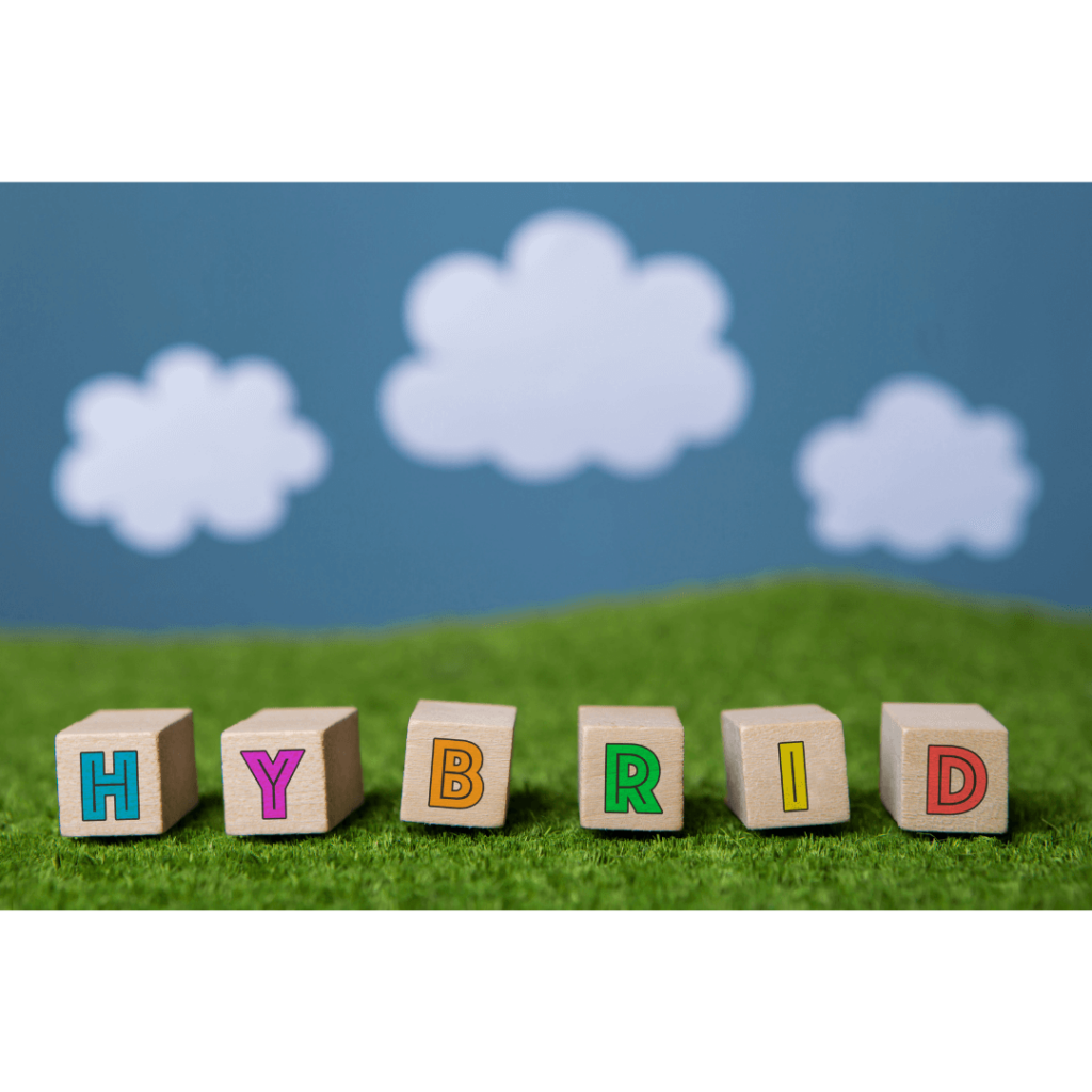 Image of kids blocks with the word hybrid spelled out